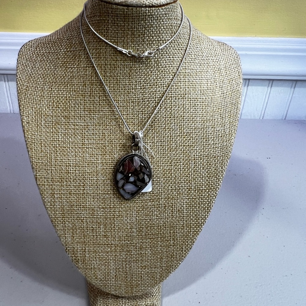 Silver Brecciated Jasper Pendant Necklace - Black & Gray Inlay